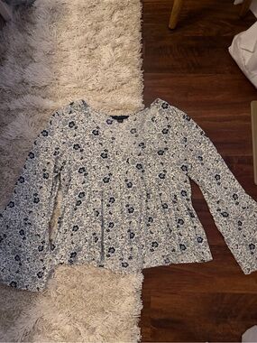 American Eagle Floral Peplum Long-Sleeve Top in White and Navy